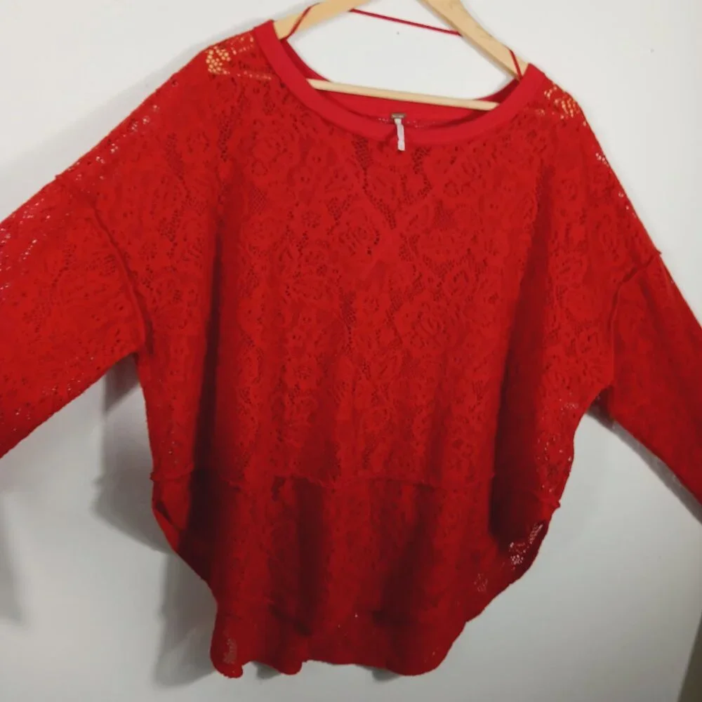 Free People, Red Long Sleeve Top, Open Knit, Oversized, Size MED, Lt. Wt., Soft - Picture 5 of 16